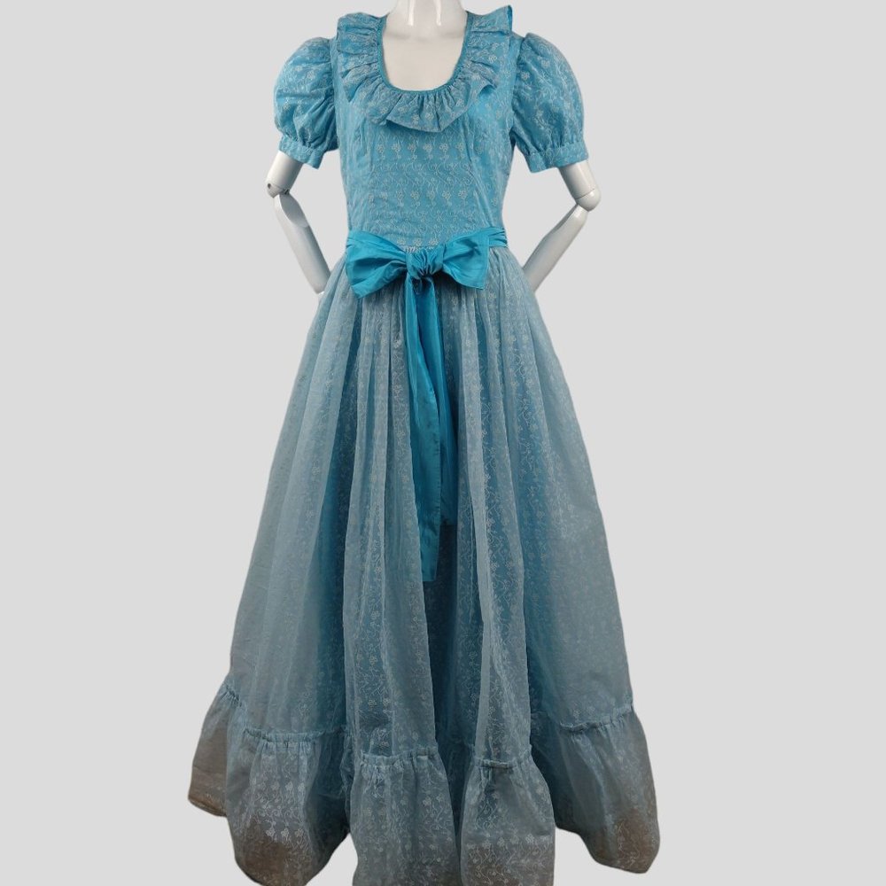 Vintage 1970s Azure Blue Flock Ball Gown Southern Belle Ruffles Cinderella M